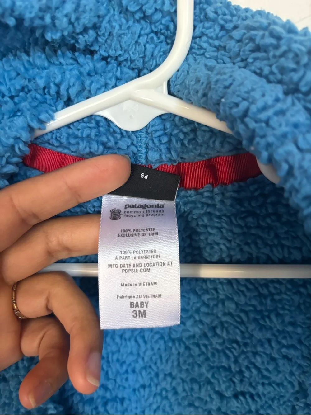 Patagonia Baby Fleece Bunting Size 3M Blue Red Hooded Footed